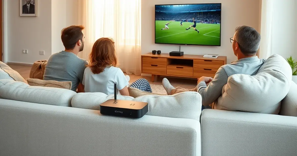 Familie schaut bei Tageslicht im Wohnzimmer ein Fußballspiel auf einem großen Flachbildfernseher
