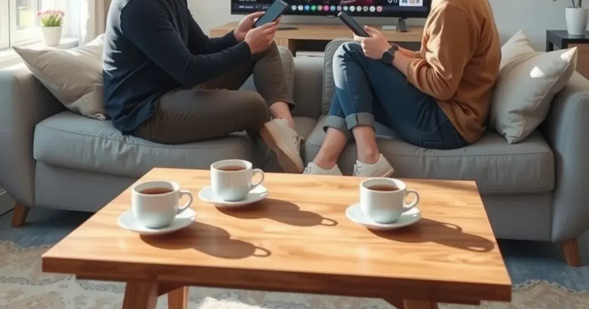 Zwei Freunde vergleichen auf einem Tablet zwei Streaming-Apps, im Hintergrund läuft ein Fußballspiel auf dem Fernseher in einem hellen Wohnzimmer