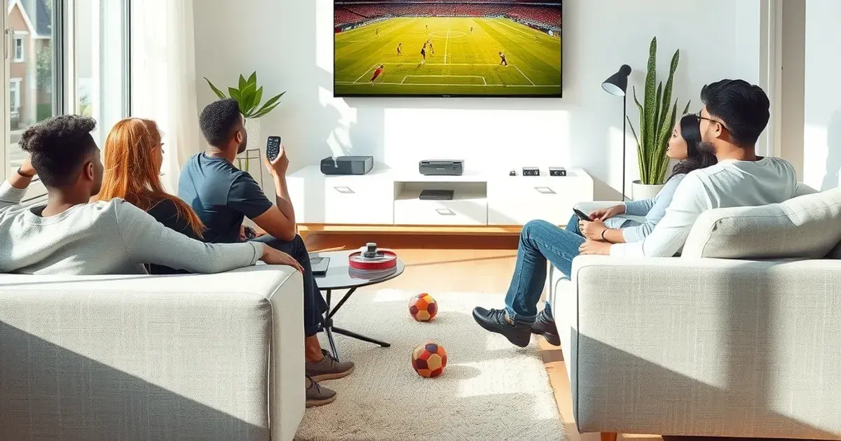 Freunde sitzen entspannt in einem hellen, sonnendurchfluteten Wohnzimmer und verfolgen gemeinsam ein Fußballspiel auf einem großen Flachbildfernseher.