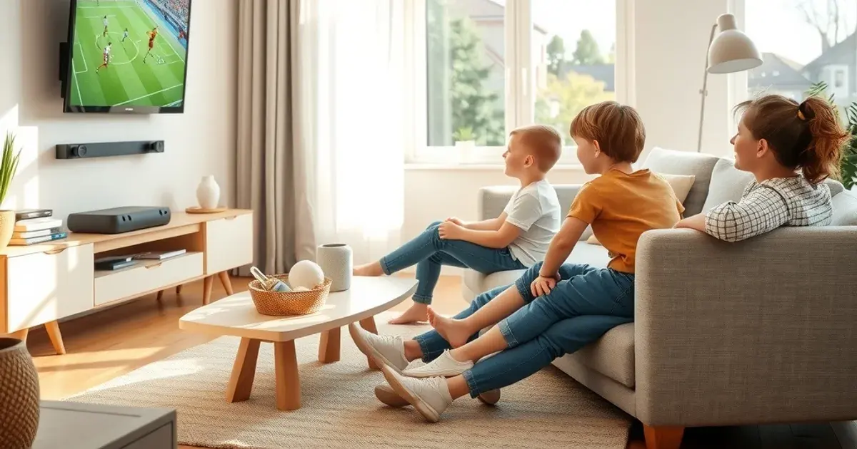Eine Familie sitzt gemeinsam im hellen Wohnzimmer auf dem Sofa und schaut ein Fußballspiel im Fernsehen