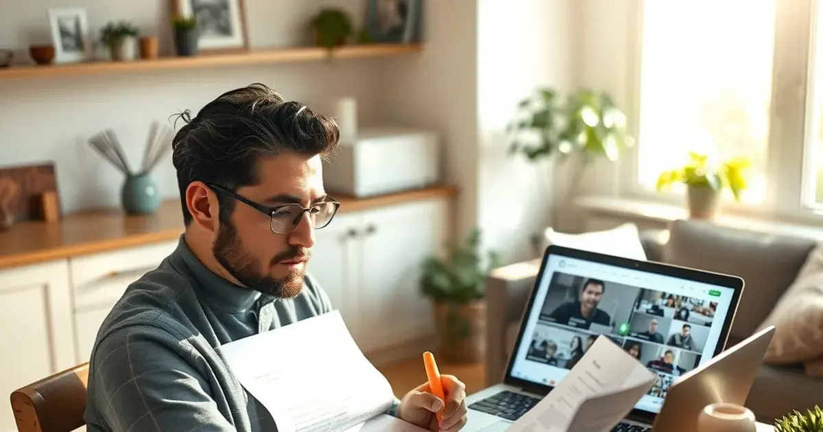 Person prüft am hellen Küchentisch in der Morgensonne einen Vertrag mit Textmarker, im Hintergrund ein Laptop mit Streaming-Oberfläche