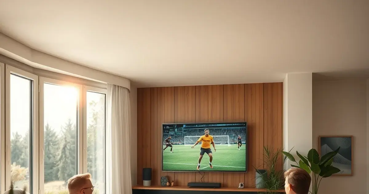 Freunde schauen bei hellem Tageslicht in einem gemütlichen Wohnzimmer gemeinsam ein Fußballspiel über IPTV