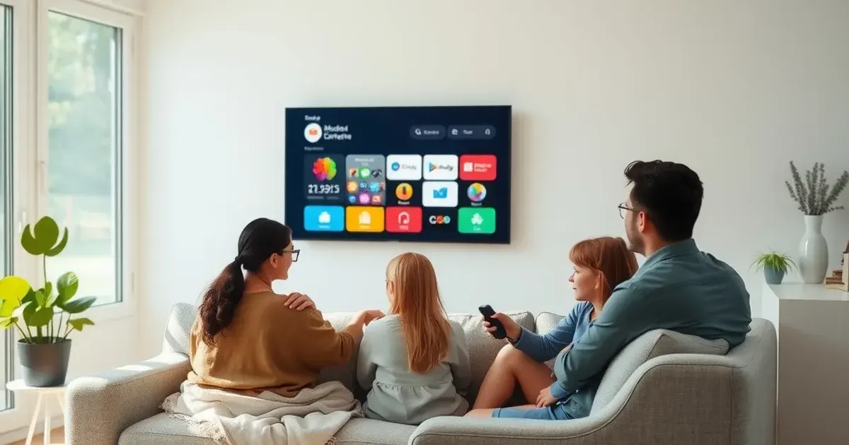 Familie sitzt entspannt im hellen Wohnzimmer vor dem Fernseher und bedient eine Streaming-App mit der Apple-TV-Fernbedienung