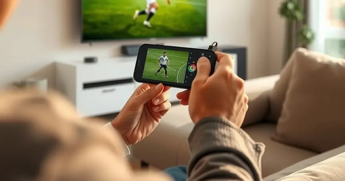 Eine Person castet auf dem Sofa ein Fußballspiel vom Smartphone auf den Fernseher, an dem ein Chromecast-Dongle steckt
