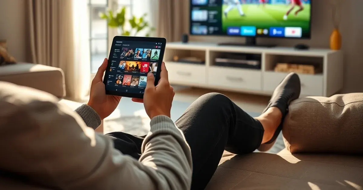 Person prüft auf einem Tablet den Programmführer, im Hintergrund ein Fernseher mit Fußballübertragung in einem hellen Wohnzimmer
