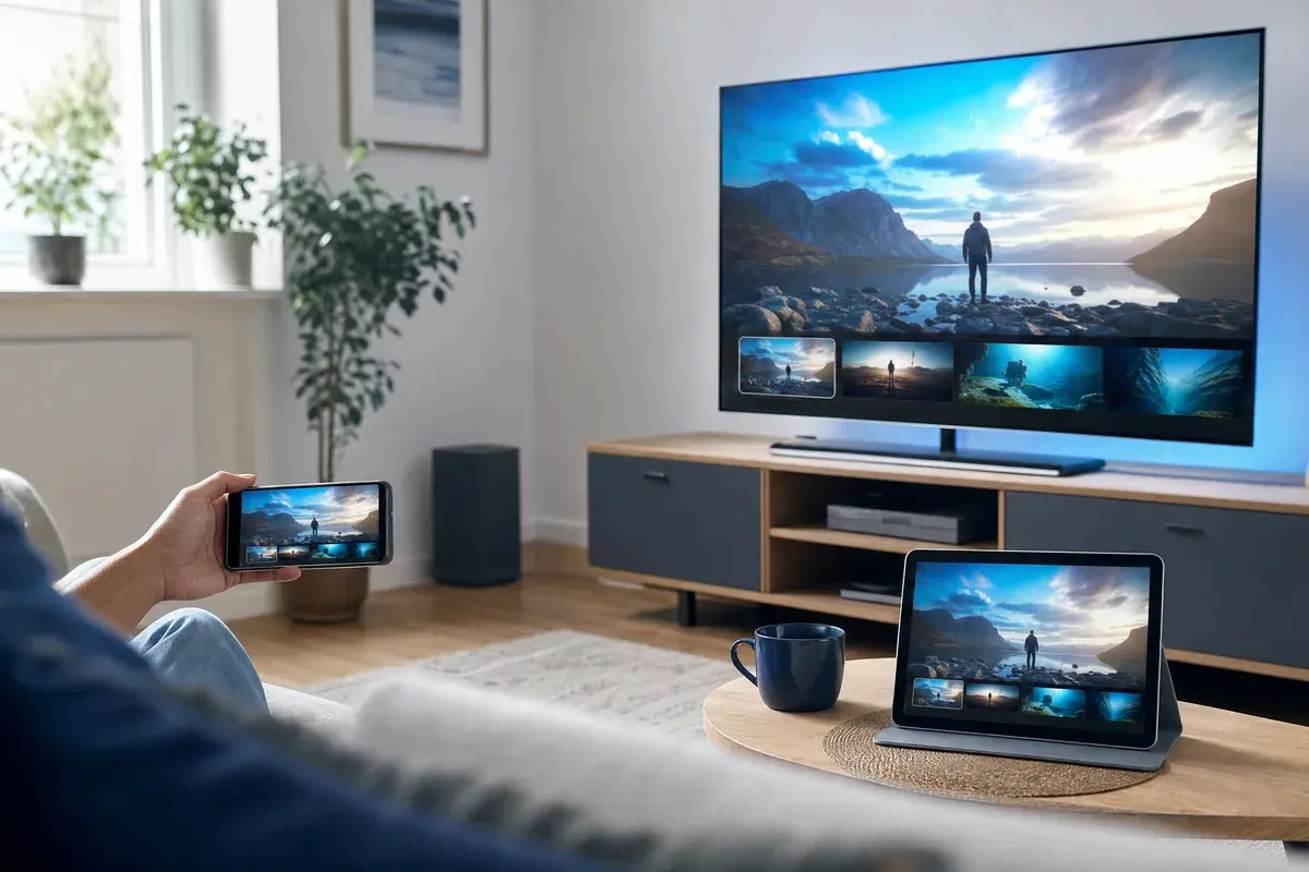 Fernseher, Tablet und Smartphone zeigen im hellen Raum dieselbe Streaming-Oberfläche