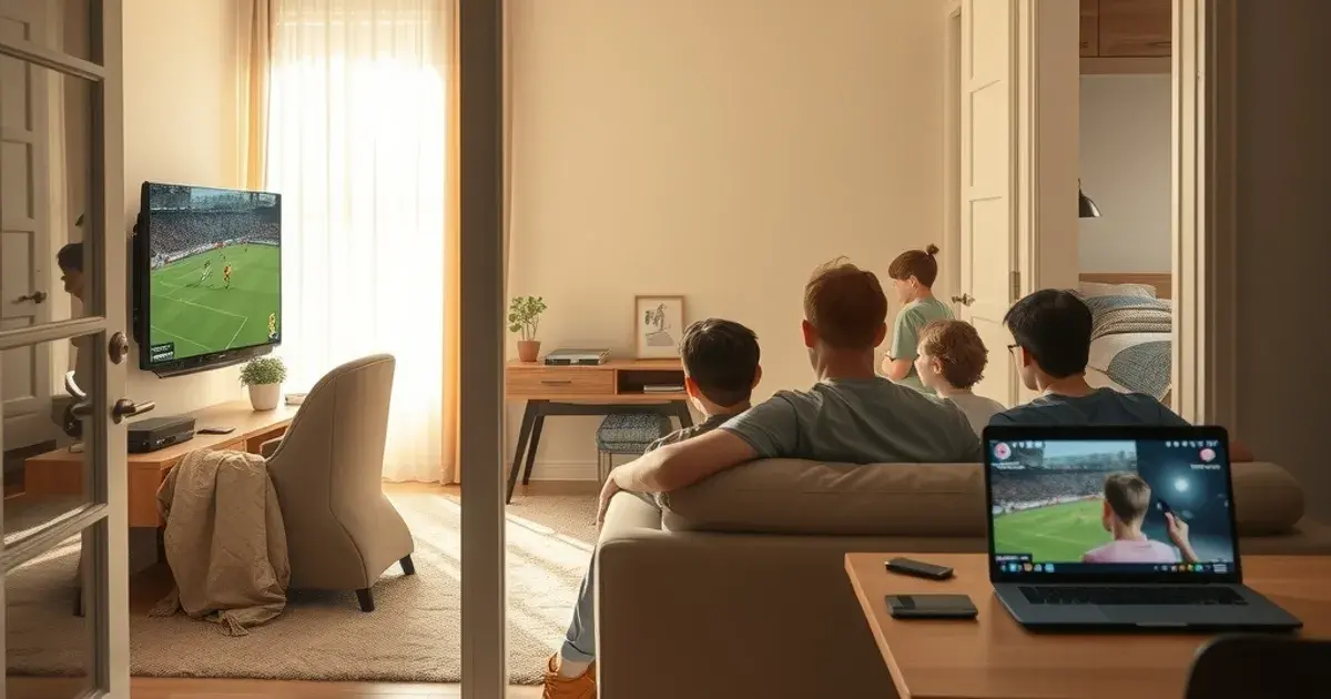 Familie schaut im hellen Wohnzimmer gemeinsam Fußball im Fernsehen, während im Hintergrund ein Jugendlicher im Zimmer am Laptop eine Serie streamt
