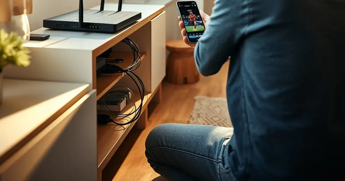 Person überprüft bei Tageslicht den Heimrouter im Wohnzimmer, im Hintergrund läuft ein Fußballspiel auf dem Fernseher