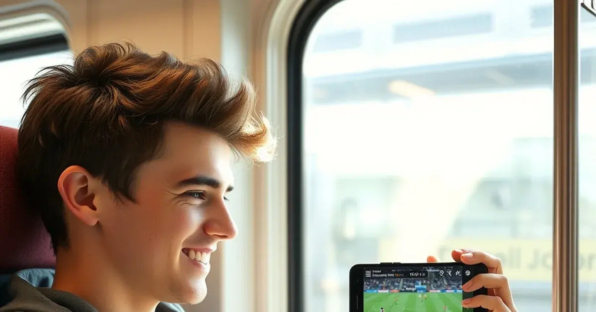 Ein Mann schaut in einer hellen Bahn ein Bundesliga-Spiel live auf seinem Smartphone im Querformat.