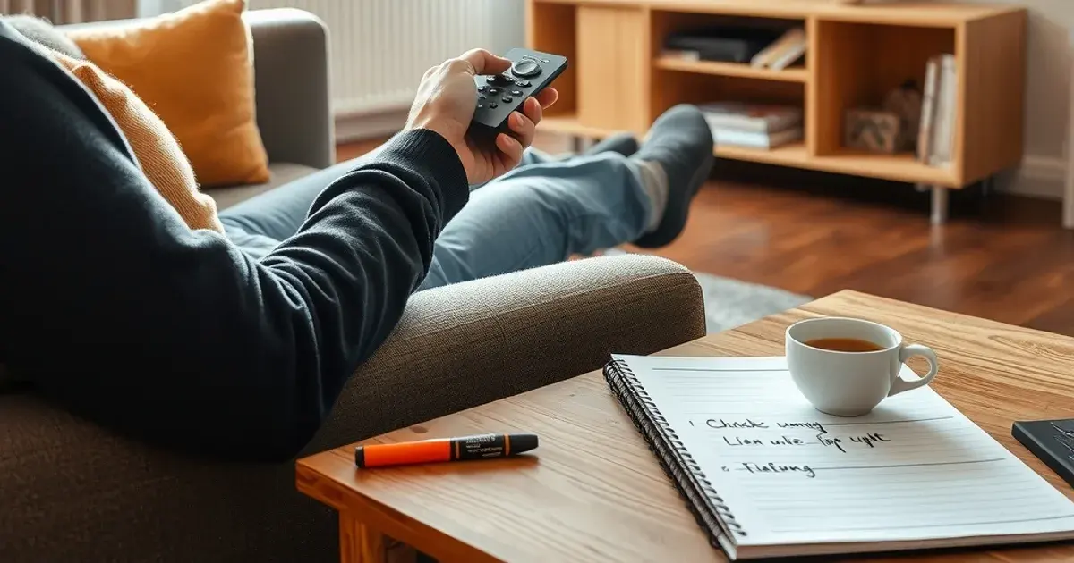 Person testet zuhause im hellen Wohnzimmer einen IPTV-Anbieter auf dem Smart-TV, mit Checkliste auf dem Couchtisch