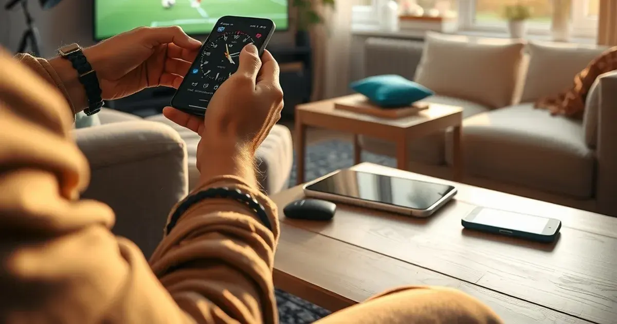 Person testet IPTV auf Fernseher, Tablet und Smartphone gleichzeitig mit einer Stoppuhr in der Hand