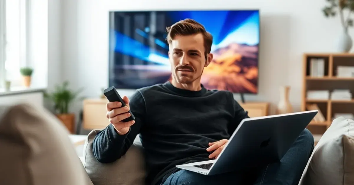 Person sitzt entspannt mit einer Fernbedienung vor einem hellen Fernseher und einem Notizbuch