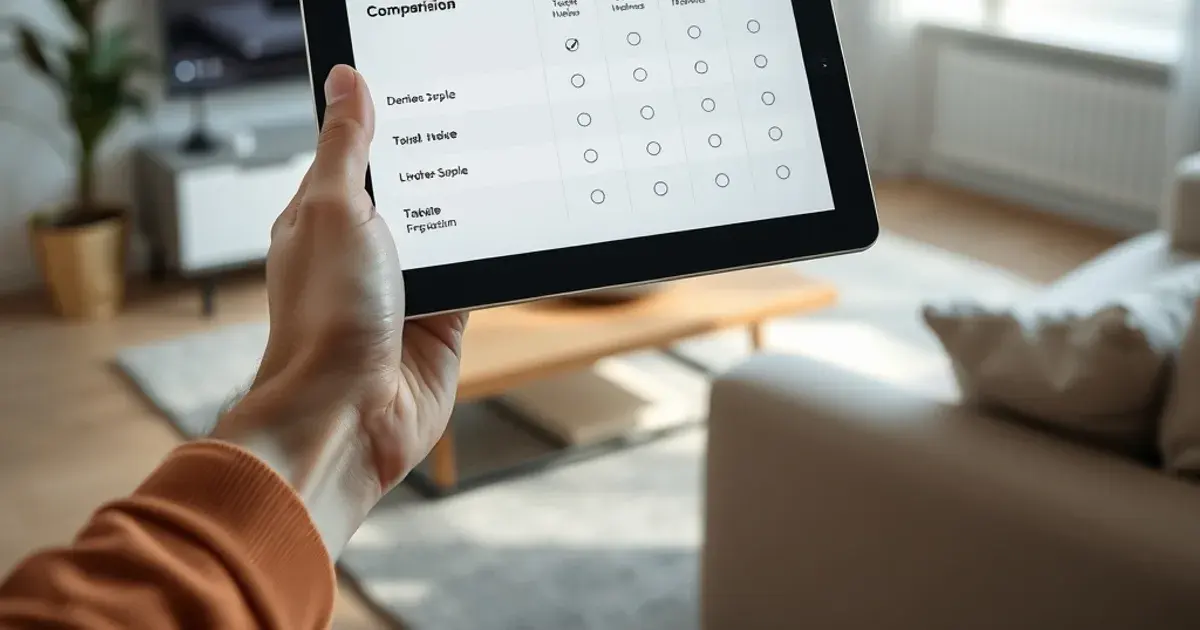 Hand hält ein Tablet mit einer Vergleichstabelle vor einem hellen Wohnzimmer-Hintergrund