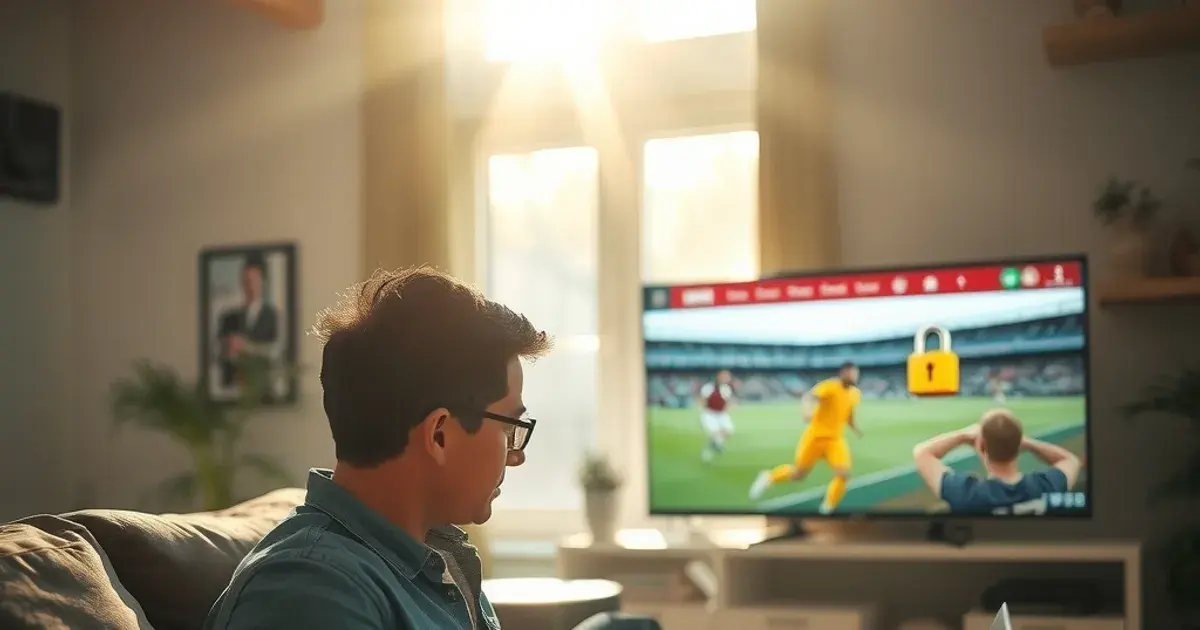 Eine Person sitzt im hellen Wohnzimmer auf dem Sofa und prüft am Laptop sorgfältig eine Website, im Hintergrund läuft leise ein Fußballspiel auf dem Fernseher