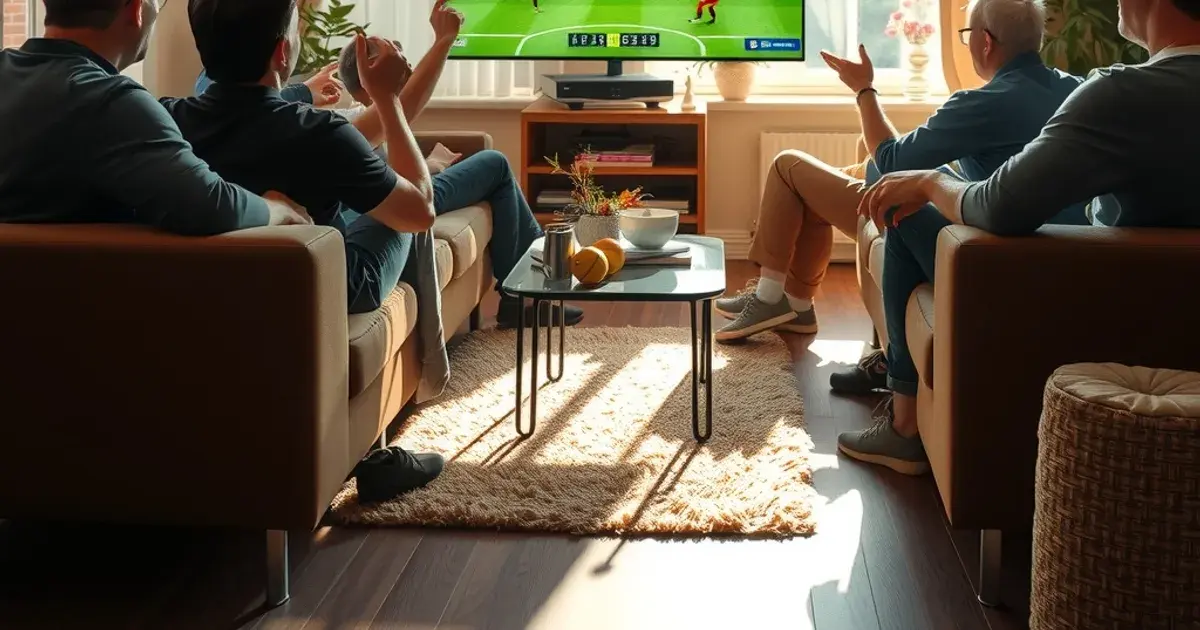 Freunde schauen bei Tageslicht gemeinsam ein Bundesliga-Spiel im Wohnzimmer