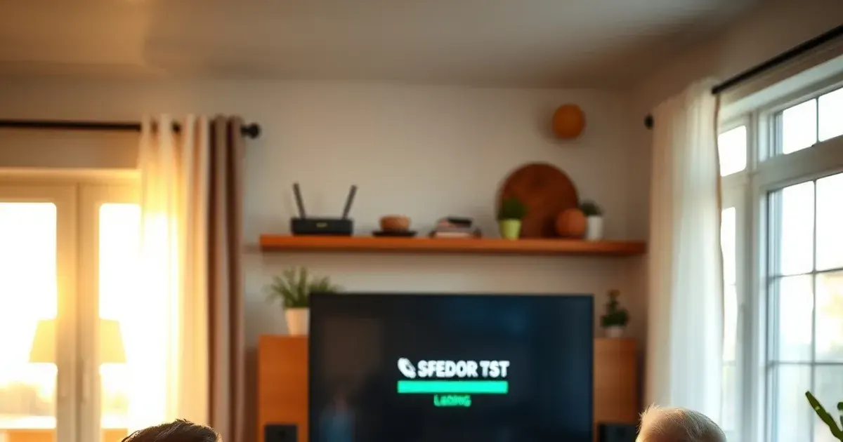Familie testet freitagabends im hellen Wohnzimmer ihr IPTV-Setup auf dem Fernseher vor dem Bundesliga-Spieltag