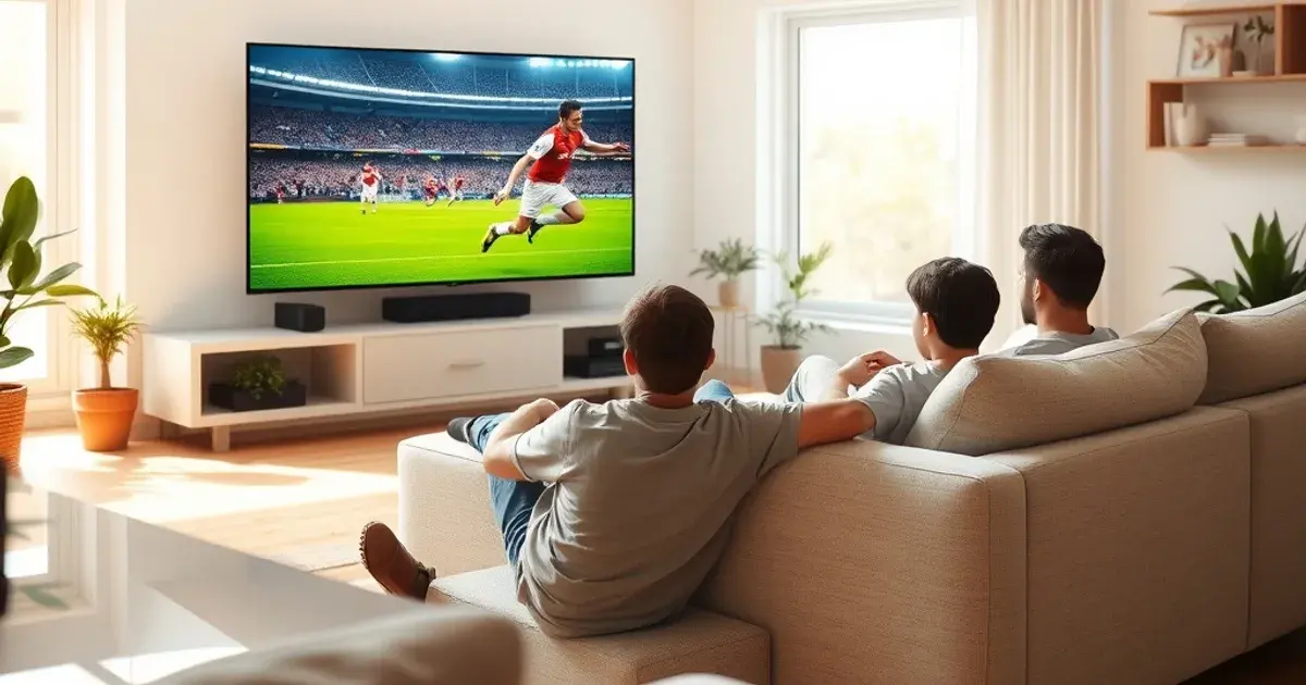 Familie schaut bei Tageslicht im hellen Wohnzimmer ein Fußballspiel in 4K auf einem großen Flachbildfernseher