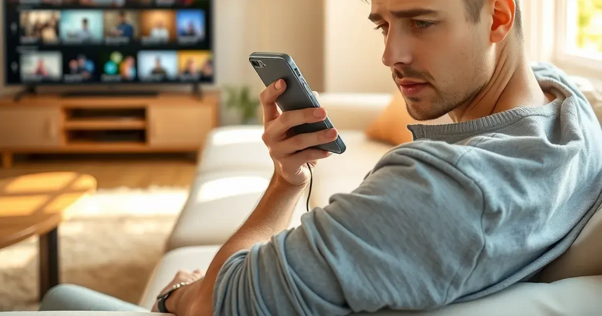 Mann prüft aufmerksam eine App auf seinem Smartphone in einem hellen Wohnzimmer mit Fernseher im Hintergrund