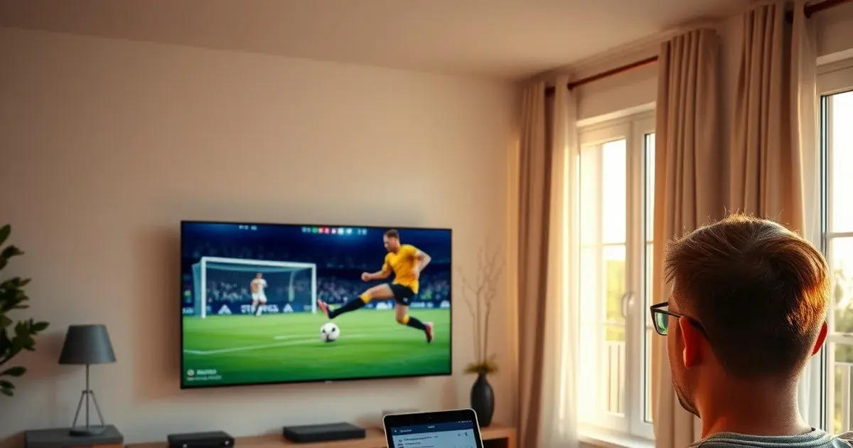 Person richtet auf einem Tablet eine Aufnahme für ein Fußballspiel ein, im Hintergrund läuft der Stream auf dem Fernseher in einem hellen Wohnzimmer