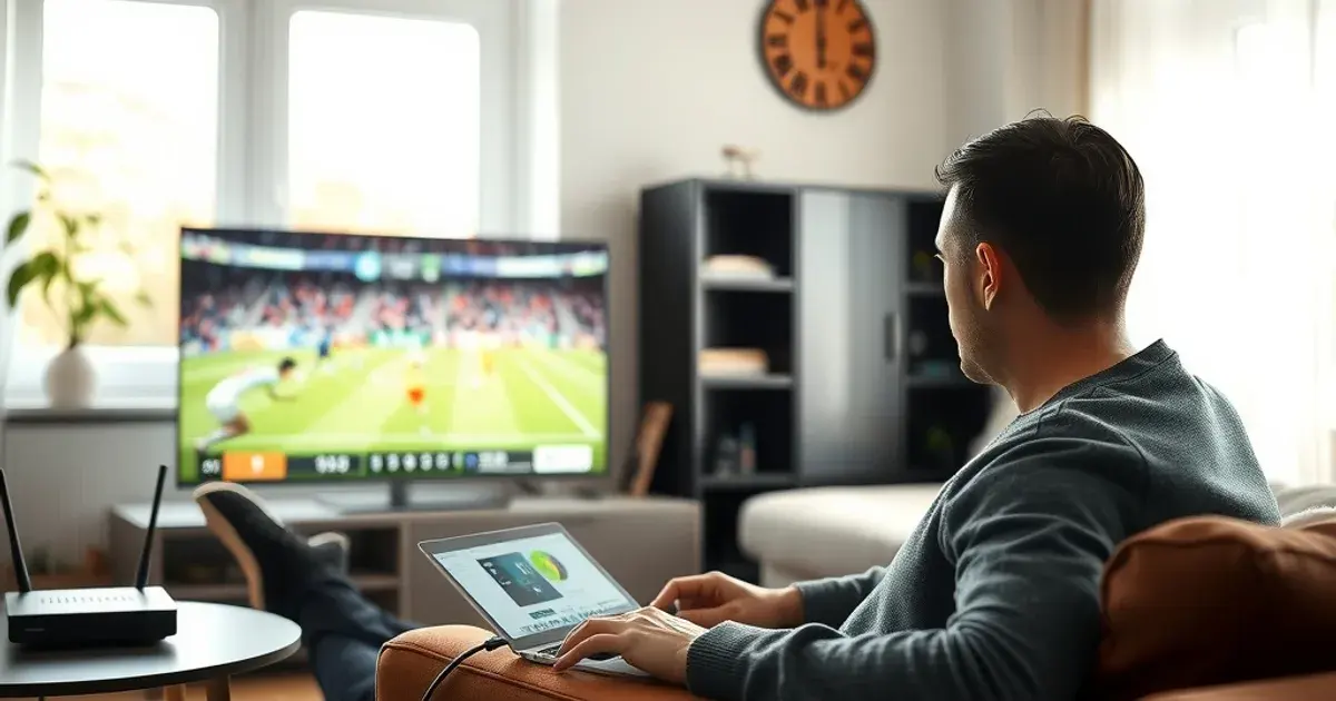 Person testet die IPTV-Verbindung mit einem Laptop, das per Ethernet-Kabel mit dem Router verbunden ist, im hellen Wohnzimmer