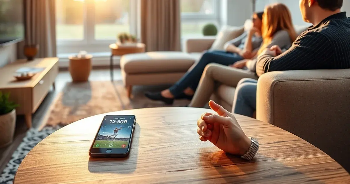 Familie sitzt entspannt im hellen Wohnzimmer vor dem Fernseher, im Vordergrund ein Smartphone mit einer Speedtest-Anzeige auf dem Tisch