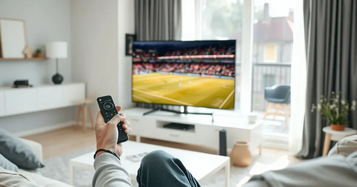 Person vergleicht im hellen Wohnzimmer eine Streaming-Box mit der Fernbedienung eines Smart TV, im Hintergrund läuft ein Fußballspiel