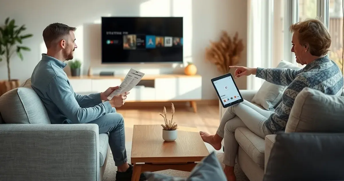 Ein Paar sitzt im hellen Wohnzimmer auf dem Sofa und vergleicht die Kabelrechnung mit einer Streaming-App auf dem Tablet.