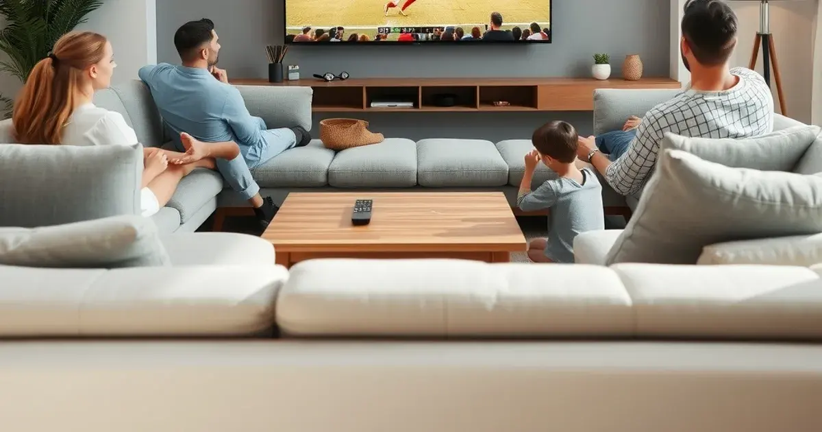 Eine Familie schaut am helllichten Tag ein Fußballspiel auf einem großen Smart-TV im gemütlichen Wohnzimmer