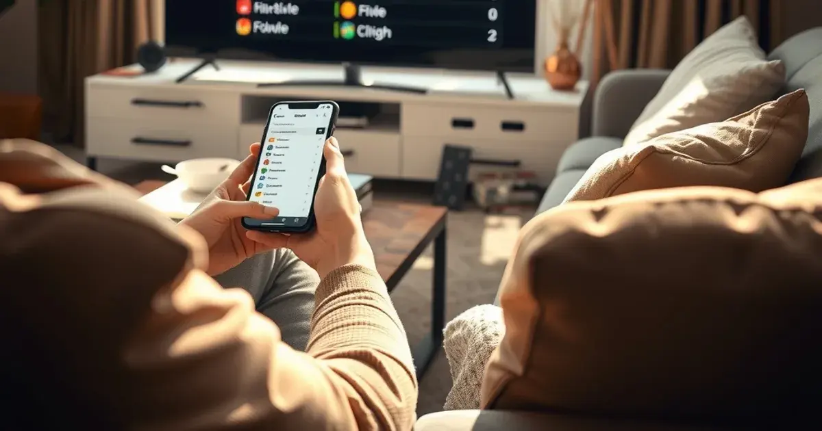 Person vergleicht auf dem Smartphone eine Senderliste mit dem laufenden Bild auf dem Fernseher in einem hellen Wohnzimmer