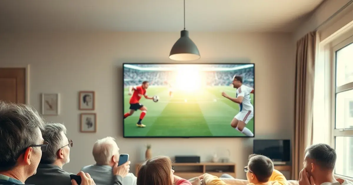 Familie sitzt entspannt im hellen Wohnzimmer und schaut gemeinsam ein Bundesliga-Spiel auf einem großen Fernseher