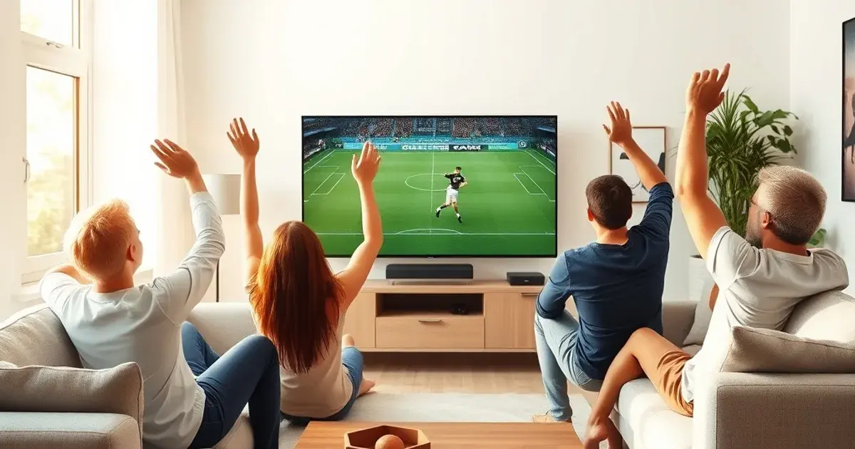 Freunde jubeln im hellen Wohnzimmer bei einem Bundesliga-Spiel auf dem Smart-TV, Smartphone mit Fußball-App liegt auf dem Couchtisch