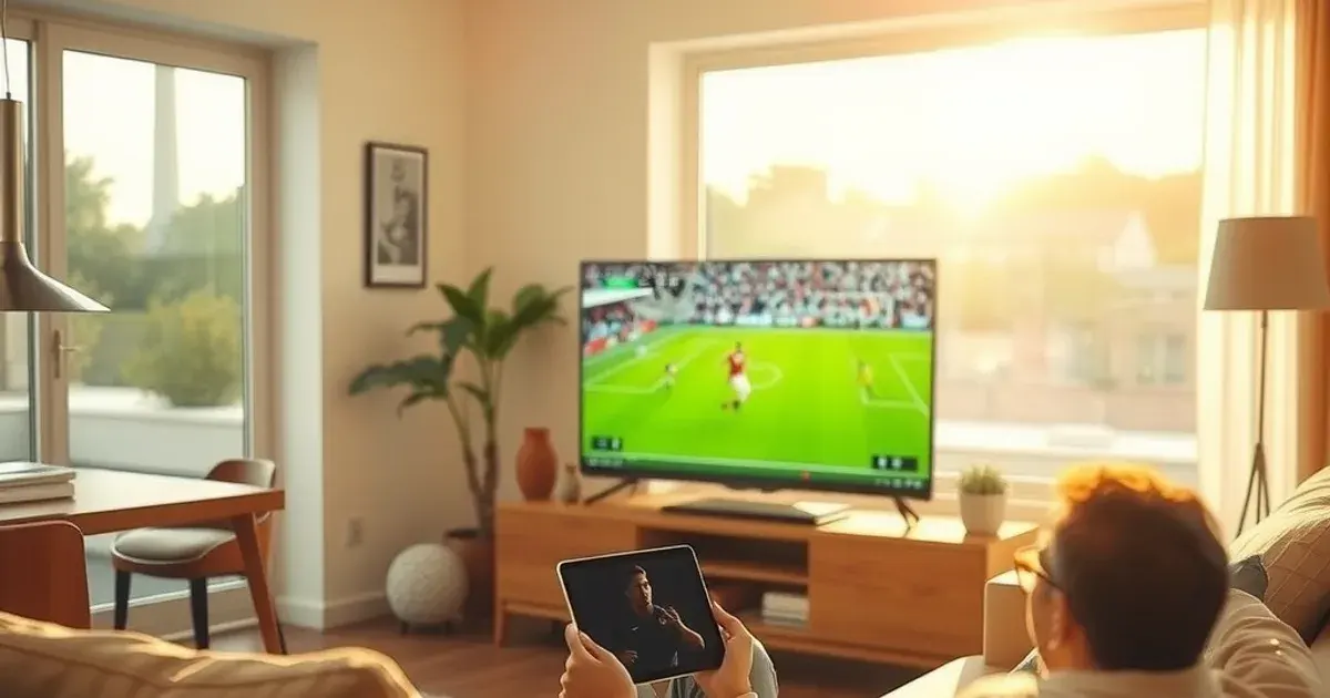 Eine Person prüft entspannt am Tablet im hellen Wohnzimmer, im Hintergrund läuft am Nachmittag ein Fußballspiel im Fernsehen.